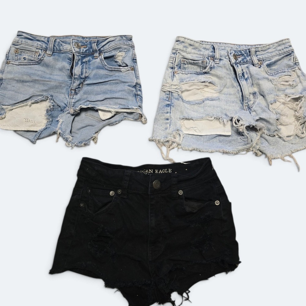 American Eagle Womens Size 00 Denim Shorts Lot of 3 Distressed High Waisted